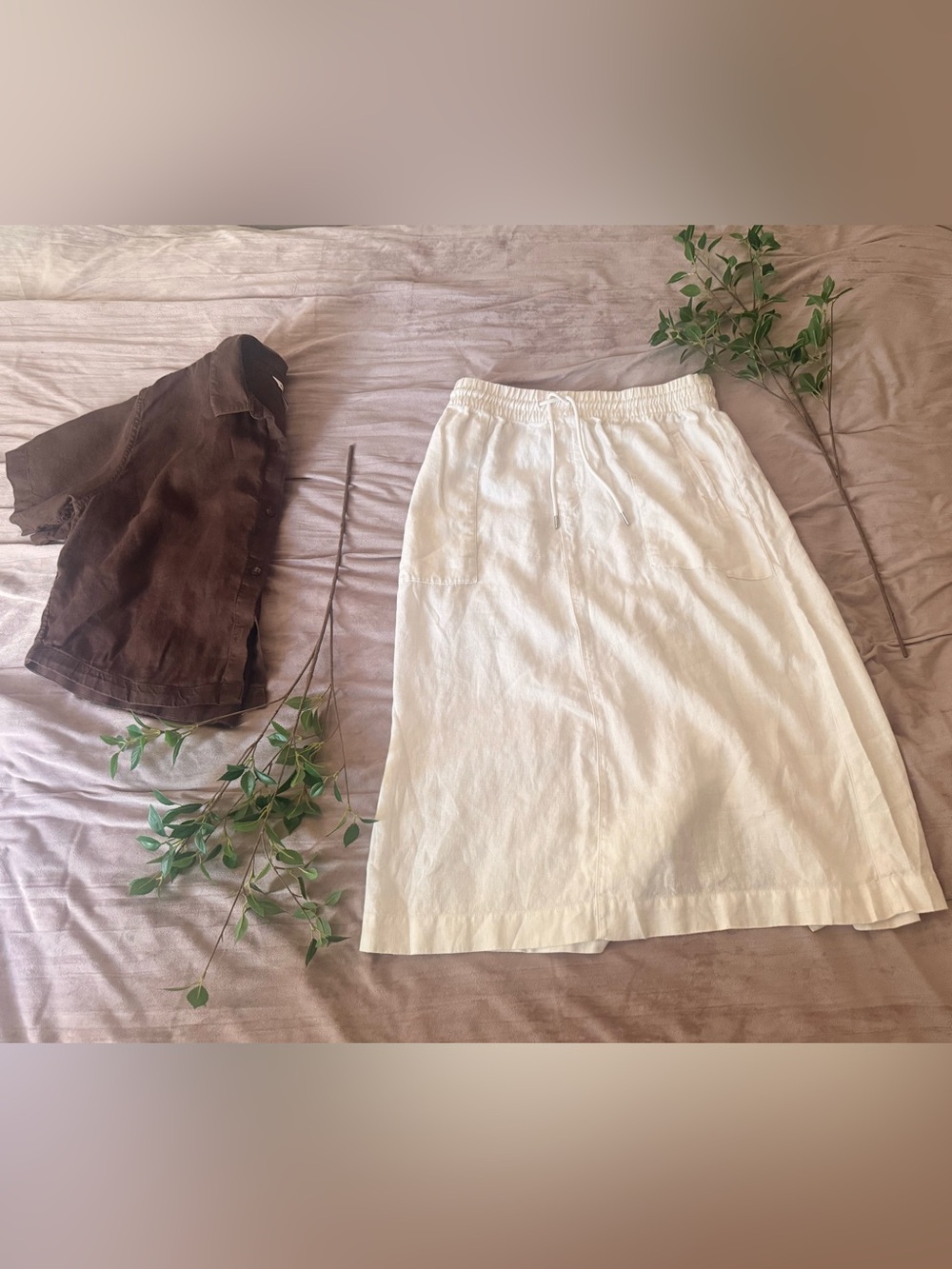 Athleta Size M Chocolate Brown Blouse & Ivory Midi Skirt Outfit